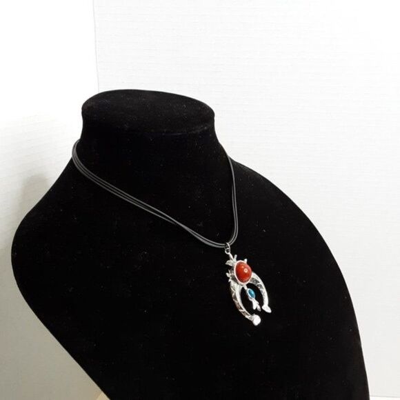 Vintage Native American Silver Tone Gem Pendant Necklace Y2K - Picture 4 of 8